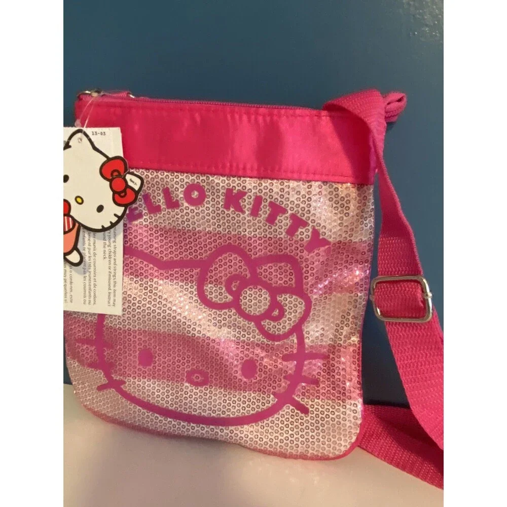 Hello Kitty Pink Stripe Sequined Girl's Crossbody Bag 2012 Adjust Strap NWT 8x8”